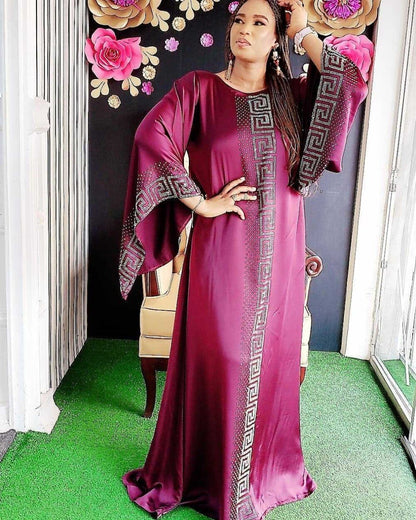 Dashiki Dress Silk Beading Abaya Dubai Maxi Bazin African Design Vintage Long Sleeve Robe Gowns Africa Sexy Lady Party