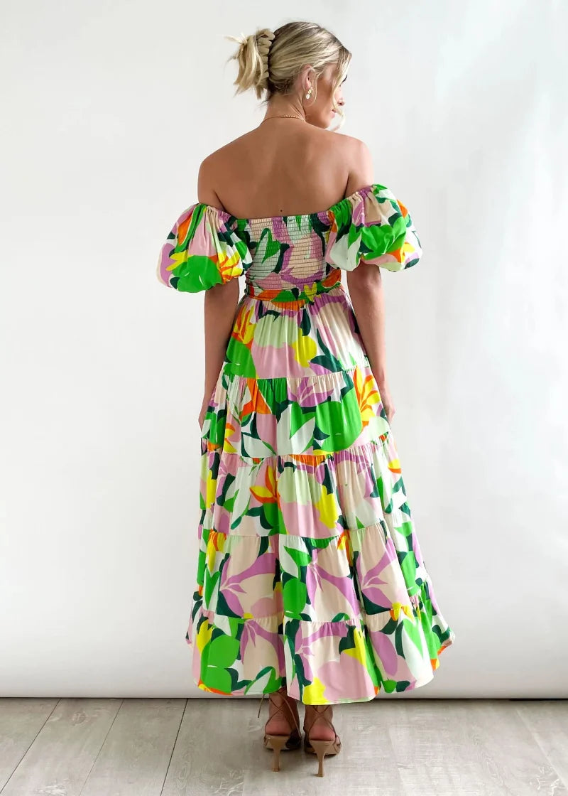 Elegant Floral Printed Dresses Summer New Sexy Backless Slash Neck Elastic Dress Women High Waist Short Puff Sleeve Maxi Dress