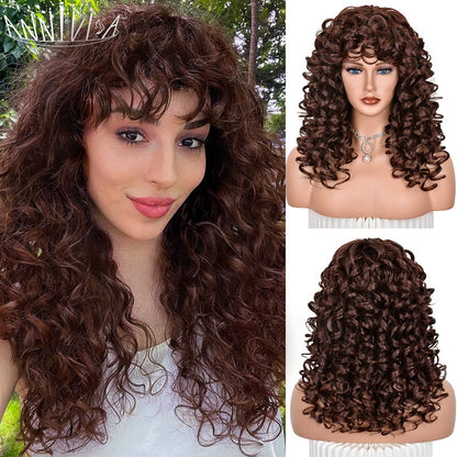 Black Curly Wig With Bangs Long Curly Afro Wigs for Women Synthetic Fiber Glueless Hair for Daily Use Party Halloween Cosplay