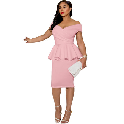 Ruffles Off-Shoulder Bodycon Dress Women Sexy Office Slim Knee-length Dress Ladies Elegant Party Midi Dress Female Work Wear