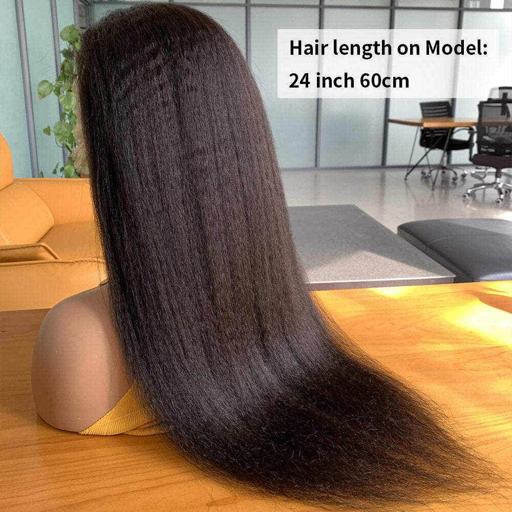 Soft Yaki 26" Long Natural Black Kinky Straight Preplucked 180%Density Glueless Lace Front Wig For Women With BabyHair Daily