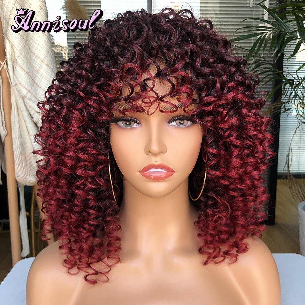 Short Hair Curly Wigs with Bangs for Black Women Synthetic Ombre Glueless Natural Curly Bob Wig High Temperature