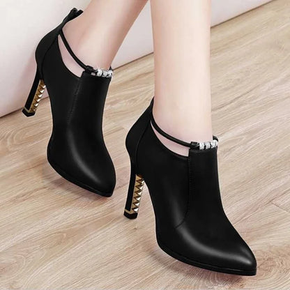 Botas Mujer2023New Winter Boots Women Shallow Round Toe Red Women's Boots Thin Heels Zip Ankle Boots Pu Leather Zapatos De Mujer