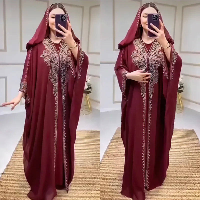 Beading Chiffon Maxi Dress Caftan Abaya Dubai Luxury Muslim Women Clothing Hijabs Femme Plus Size Hooded Long Dresses African