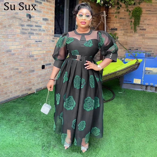 Print Mesh Maxi Dress African Clothes For Women Clothing 2024 Spring Summer Elegant O Neck A Line Long Dresses Vestidos Robe