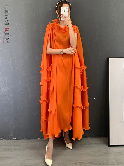 LANMREM Pleated Long Dress Female Loose Bandage Ruffles Design Solid Color Dresses Women's Fashion Clothing 2025 Spring 2W2090