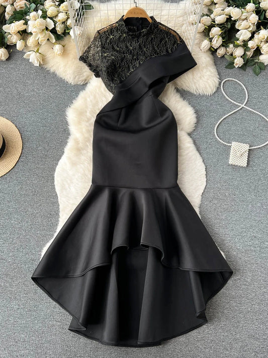 Summer Women Black Sexy Lace Embroidered Pastchwork Party Long Dress Elegant Stand Collar Short Sleeve Ruffle Hem Maxi Robe New