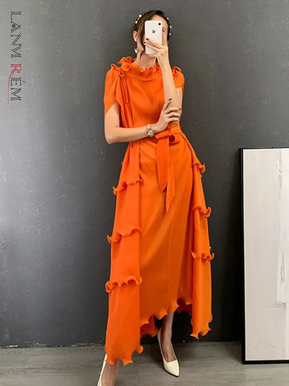 LANMREM Pleated Long Dress Female Loose Bandage Ruffles Design Solid Color Dresses Women's Fashion Clothing 2025 Spring 2W2090