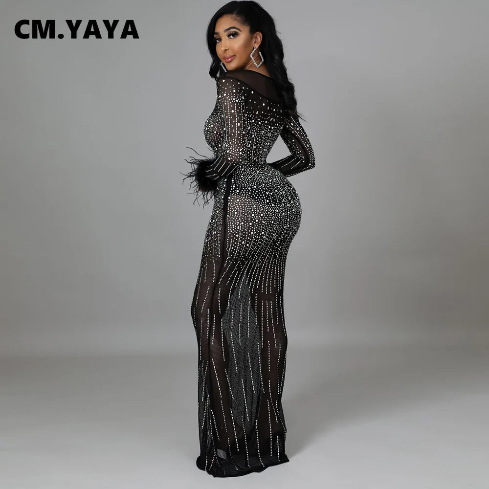 CM.YAYA Women Diamonds Hot Drill Mesh See Though Feather Long Sleeve Mermaid Maxi Dress Sexy Night Party Dresses Winter Spring