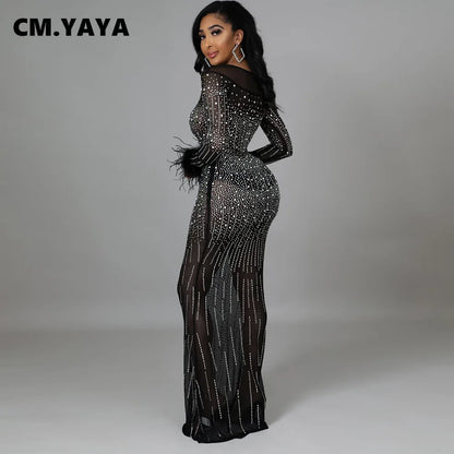 CM.YAYA Women Diamonds Hot Drill Mesh See Though Feather Long Sleeve Mermaid Maxi Dress Sexy Night Party Dresses Winter Spring