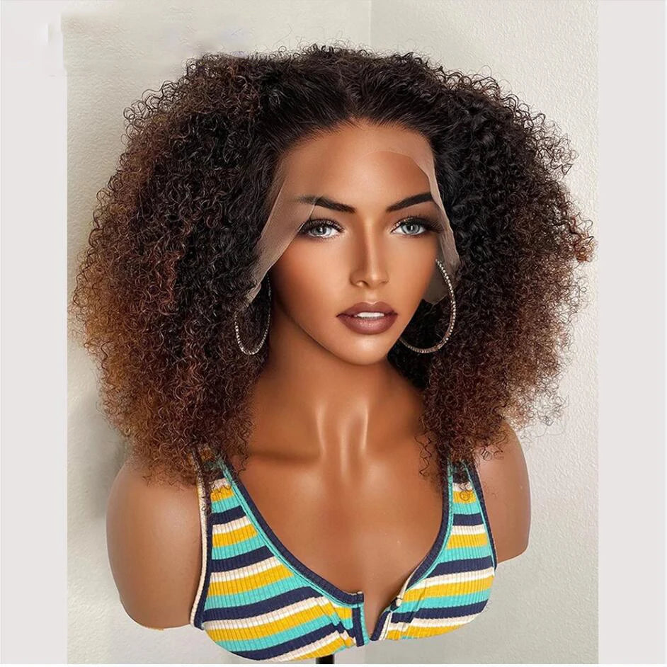 Soft Ombre Honey Blonde Brown 26”Long 180Density Preplucked Glueless Kinky Curly Lace Front Wig For Black Women BabyHair Daily