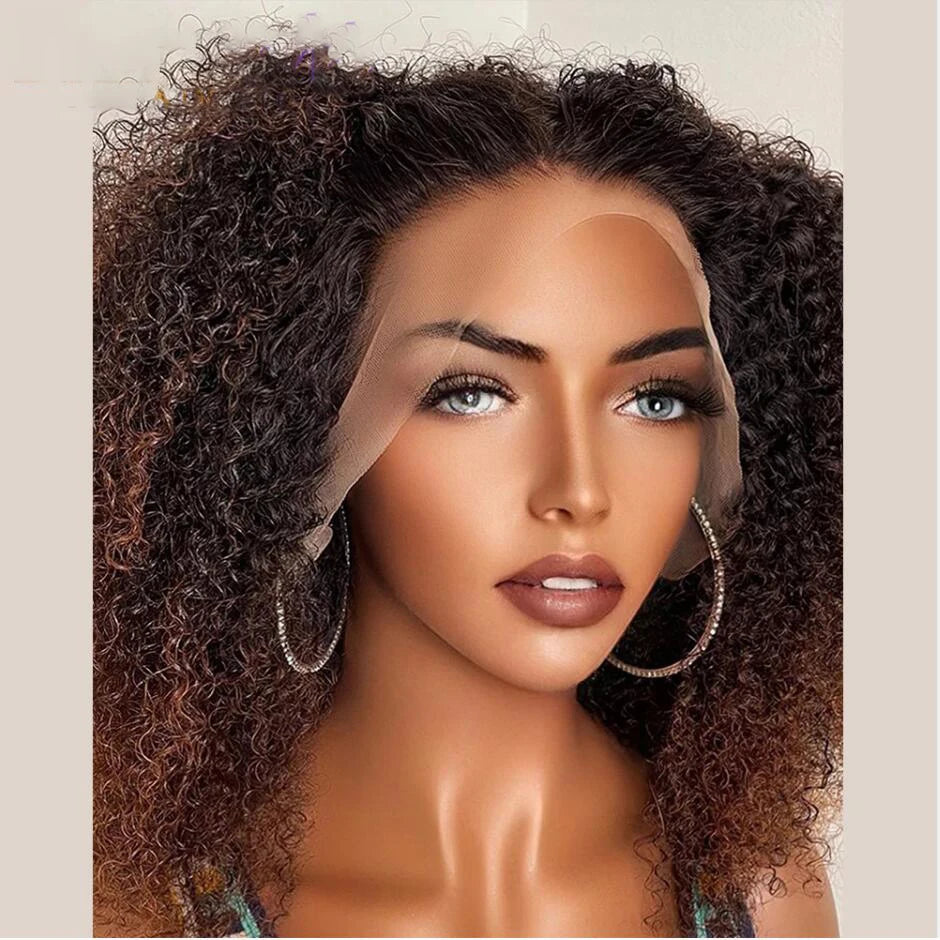 Soft Ombre Honey Blonde Brown 26”Long 180Density Preplucked Glueless Kinky Curly Lace Front Wig For Black Women BabyHair Daily