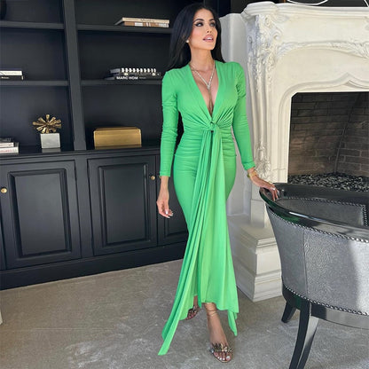 New Fashion Chic And Elegant Lady Dress 2022 Summer Women Solid Outfits With Long Sleeve Tie Slim Evening Party Green Clothing