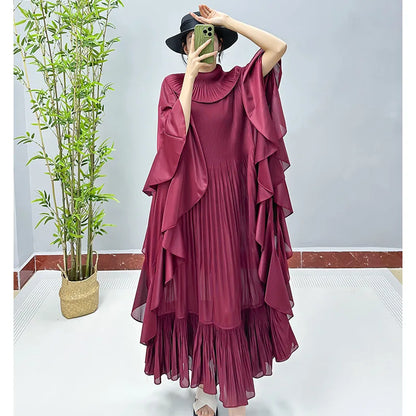 Miyake Dress Women's Clothing 2023 Autumn New Elegant Style Age Reducing High end Lotus Leaf Sleeves Mid length Evening Dresses