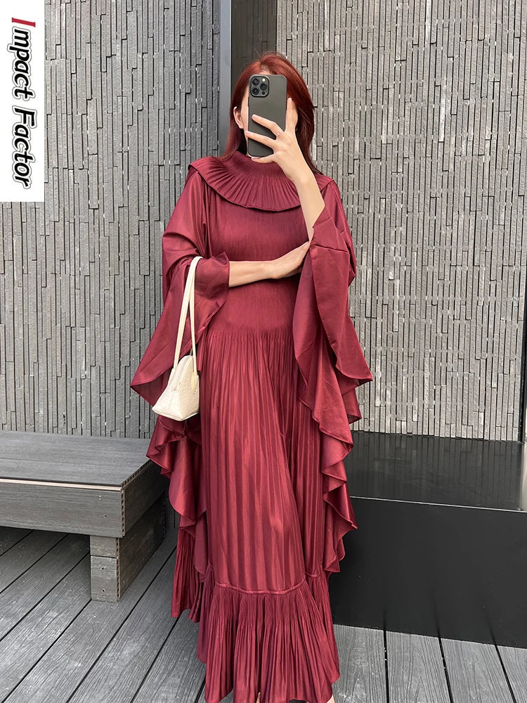 Miyake Pleated Spring Women's Long Irregular Dress Loose and Slim Solid Color Heavy Work Pleated Western Style Women's Dress