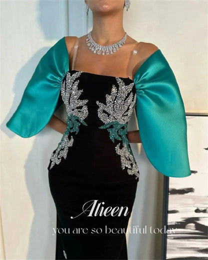 Aileen Black Mermaid Transparent Shoulder Strap Bright Diamond Lace Women's Elegant Dresses Prom Clothes Graduation Quinceanera