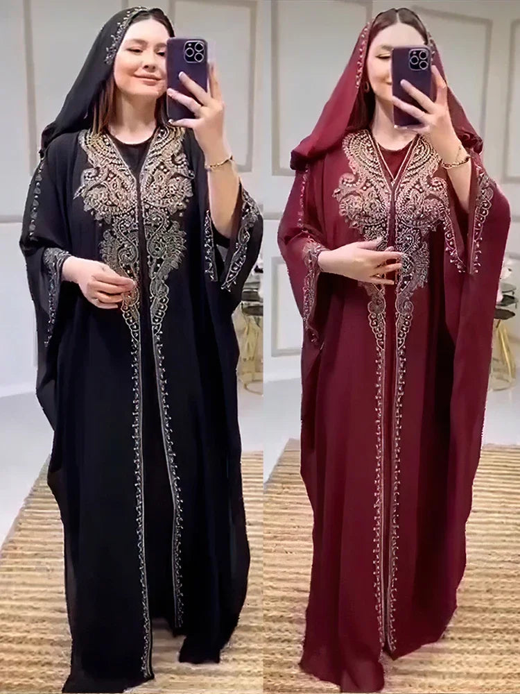 Eid Muslim Dress for Women Hooded Abaya 2 Piece Set Diamond Jalabiya Morocco Party Dresses Dubai Abayas Kaftan Vestido Long Robe