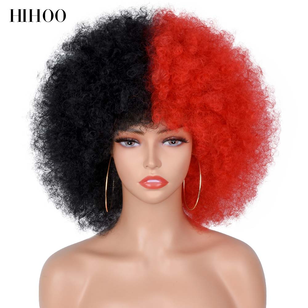 Halloween Wig Short Black Hair Cosplay Afro Kinky Curly Wig With Bangs Women's Wigs Blonde Wig Pink Synthetic Wig Blue Red Brown