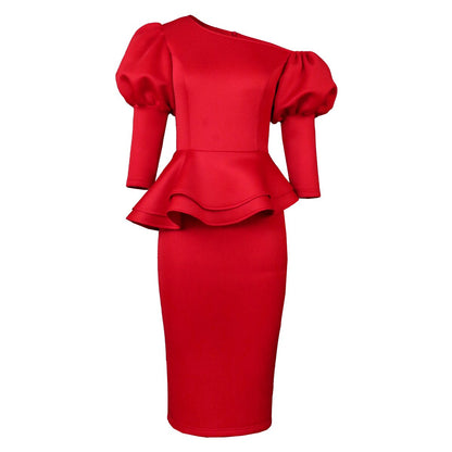 Sexy One Shoulder Lantern Sleeve Bodycon Dress Evening Party Dress For Women 2023 Elegant Peplum Gown African Pencil Red Dress