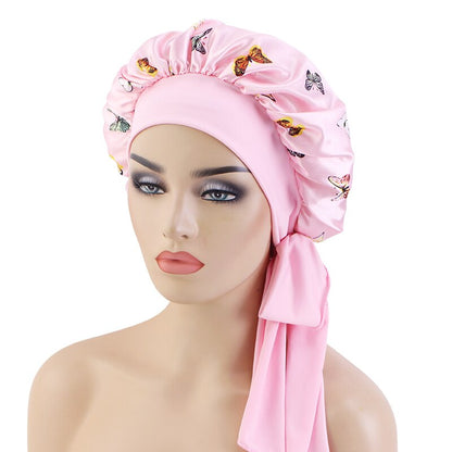 Extra Large Satin Sleeping Cap Hair Bonnet For Women African Pattern Ankara Print Long Tail Bonnets Wide Stretchy Band Hat