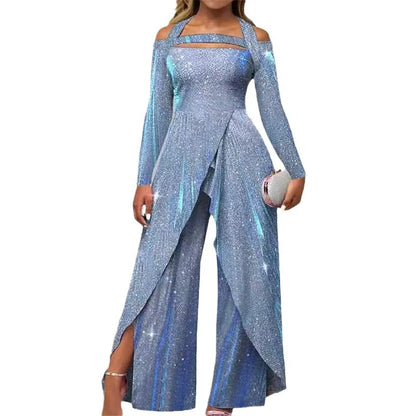 2023 New Fashion Sexy Sequin Long Dress with Diagonal Flap Mid Waist Temperament Commuter Jumpsuit