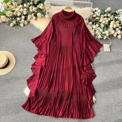 Batwing Sleeve o-Neck Oversized Skirt Hem Chiffon Dress 2024 Spring New Women's Design Feeling Pleated Dress Trend Long Skirt