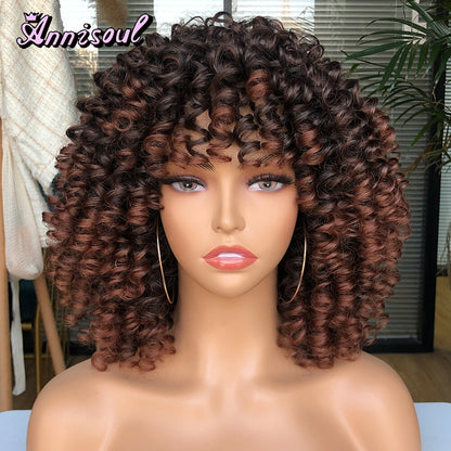 Short Hair Curly Wigs with Bangs for Black Women Synthetic Ombre Glueless Natural Curly Bob Wig High Temperature