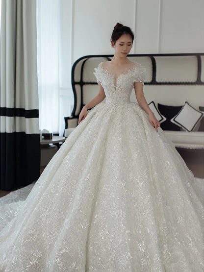 Exquisite Off Shoulder Luruxy Wedding Dress 2023 New Bride Small Main Yarn Super Heavy Industry Beading Pearls Tail Princess