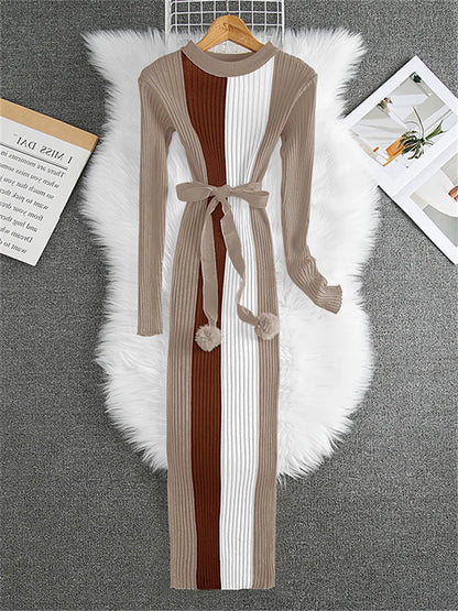 New Fashion Mid-length Knitted Dress for Women's O-neck Long Sleeve Striped Color Blocking Sashes Bodycon Sweater Dresses