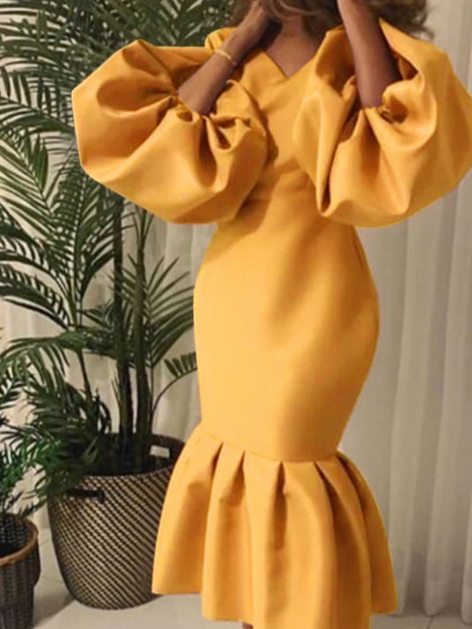 Women Party Dress V Neck Long Puff Sleeves Bodycon Sexy Event Occasion African Female Fashion Autumn Spring Robes Vestidos New