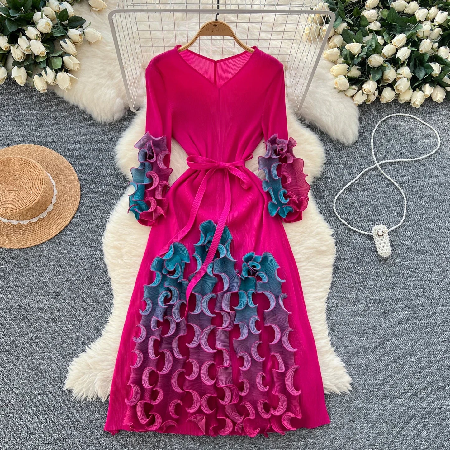 Vintage V-Neck Elegant Long Sleeve Chic Pleated Ear Fungus Edge Slim Bandage Dresses French Evening High Street Autumn Clothing