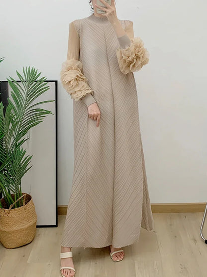 ANLAN Miyake Pleated Maxi Long Dress Mesh Petal Sleeve Half Turtleneck Formal Dresses for Women 2024 New Hot Sales 6KK9927