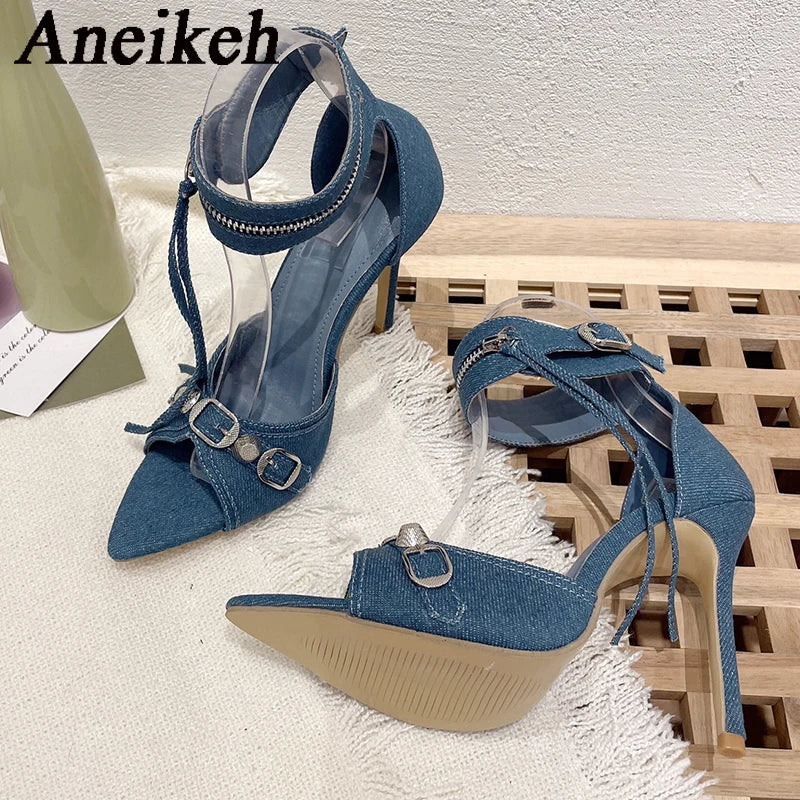 Aneikeh Summer Sandals For Women Rhinestone Bling Ankle Strap Heels Sexy Fashion Rivet Slim Heel Sandals Pointed Toe Brand Shoes