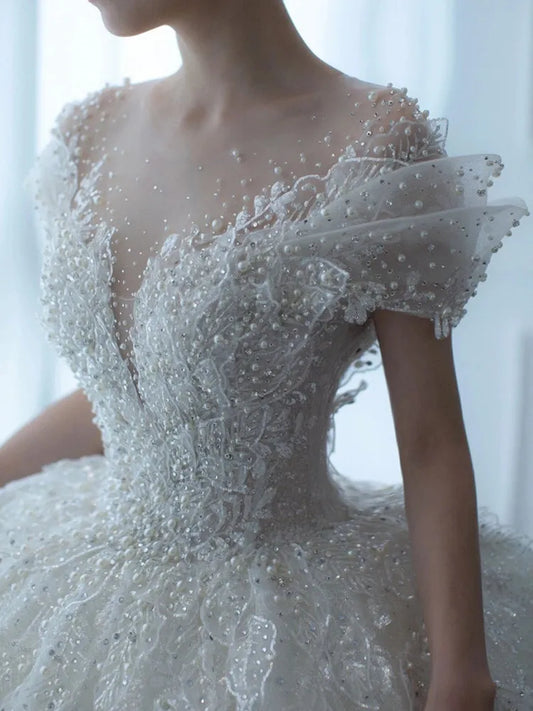 Exquisite Off Shoulder Luruxy Wedding Dress 2023 New Bride Small Main Yarn Super Heavy Industry Beading Pearls Tail Princess