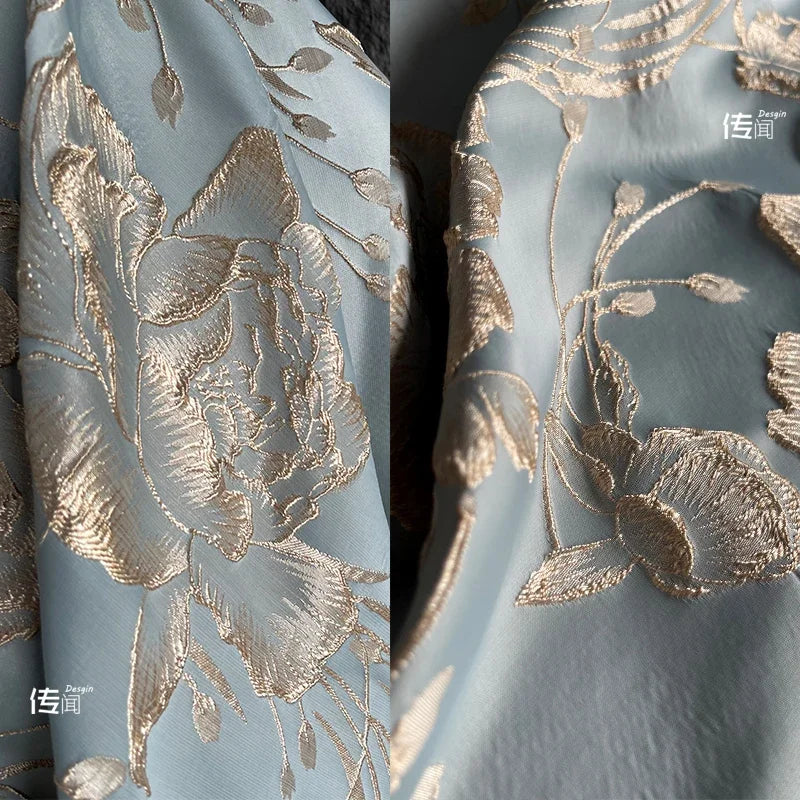 Clearwater Blue Embossed Gold Jacquard Fabric Three-dimensional Silhouette Sofa Cover Bag Jacket Clothing Designer Fabrics