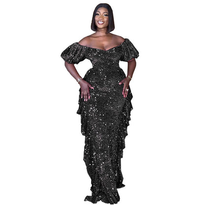 Off Shoulder Sequin Sexy Formal Party Long Dresses Women Bodycon Tiered Ruffle Elegant Evening Mix Dress NightClub Prom Gowns