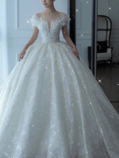 D120 2024 Princess Sexy Luxury Crystal Beaded Wedding Dress Puff Tulle White Wedding Gown Simple Bride Dress Women