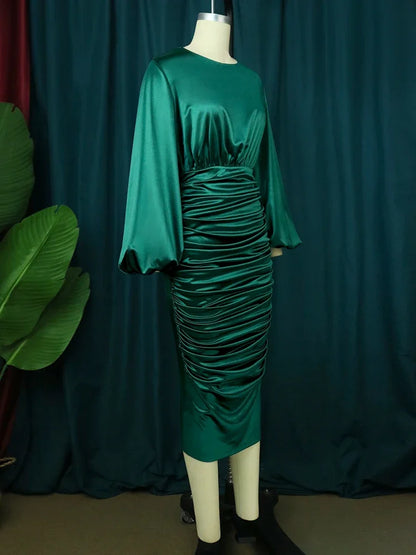 Long Sleeve Green Dresses Bodycon Elastic Satin Smocked Midi Dress Elegant Big Size Shiny Evening Christmas Party Church Outfits