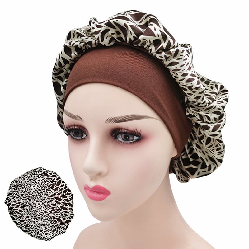 Printing Satin Bonnet For Women Elastic Wide Band Night Sleep Satin Hat Chemo Caps Hair Loss Cover Fashion Head Wrap Hair Care