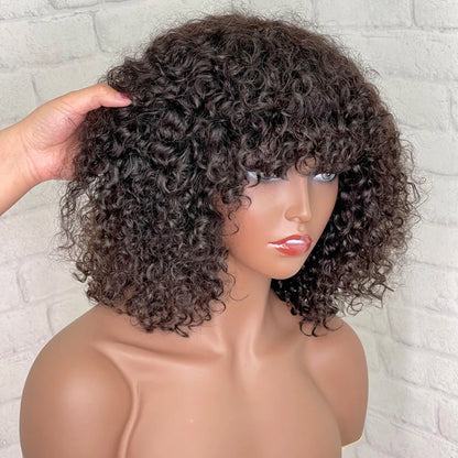 Brazilian Kinky Curly Human Hair Wigs With Bangs Short Brazilian Remy Human Hair Full Machine Made Wigs for Black Women Glueless