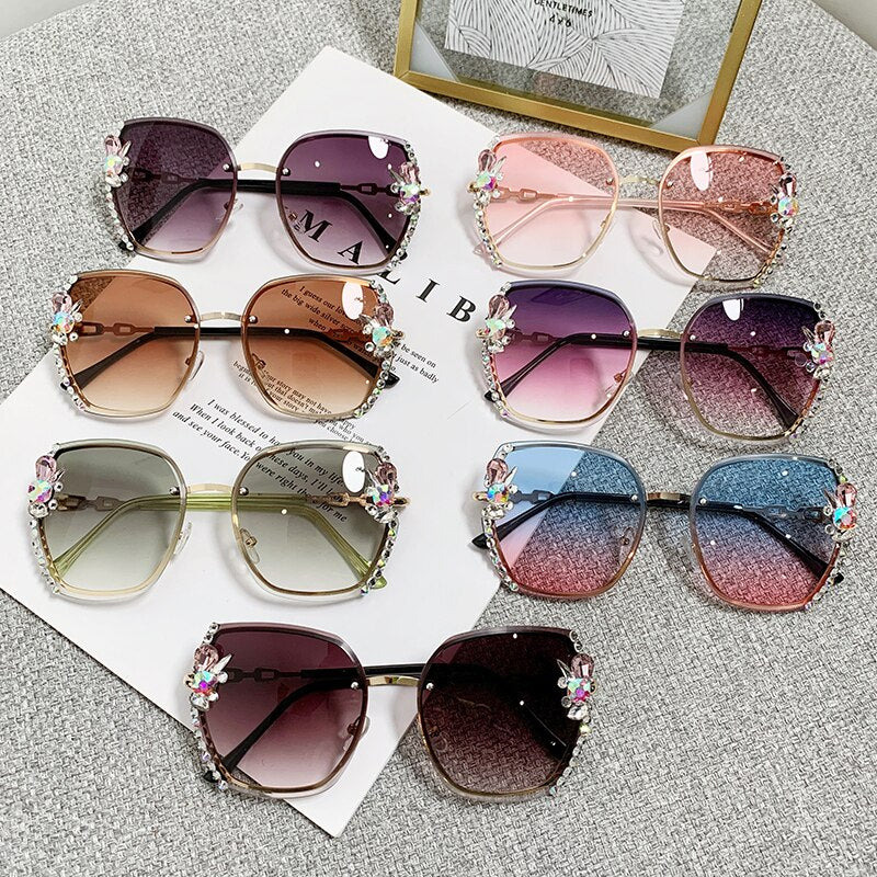 2022 High Quality Rimless Square Diamond Sunglasses Women Brand Designer Vintage Shades Female Pink Eyewear Gafas De Sol