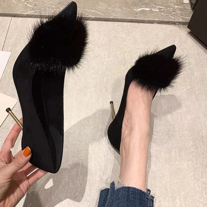 2024 Spring and Autumn New Fashion High Heels Pointed Shallow Mouth Suede Fine Heel Plush Decoration Women's Single Shoes