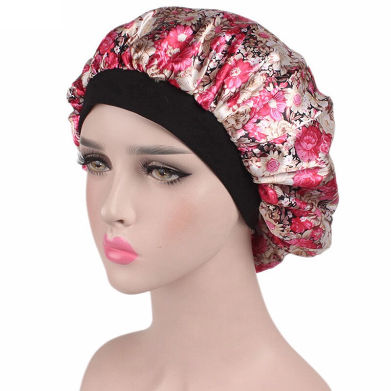 Printing Satin Bonnet For Women Elastic Wide Band Night Sleep Satin Hat Chemo Caps Hair Loss Cover Fashion Head Wrap Hair Care