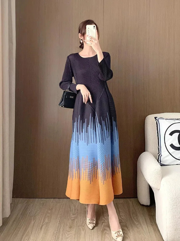 EGRM Pleated Printed Dress For Women 2024 New Round Neck Contrast Color Fold Sticthing Female A-line Evening Dresses 2RM4163