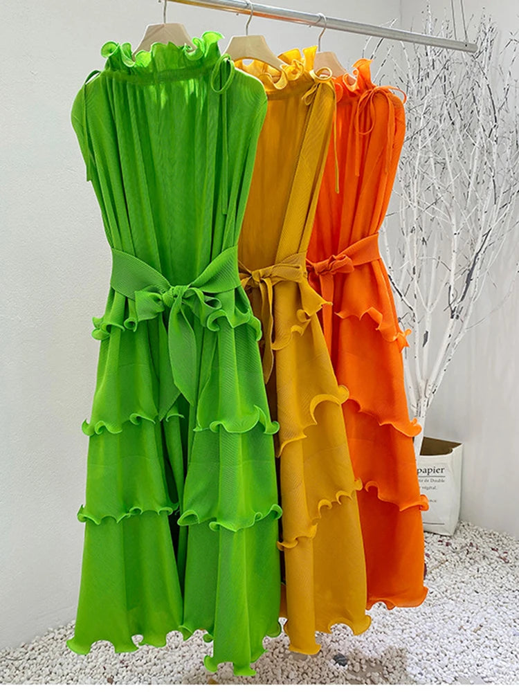 LANMREM Pleated Long Dress Female Loose Bandage Ruffles Design Solid Color Dresses Women's Fashion Clothing 2025 Spring 2W2090