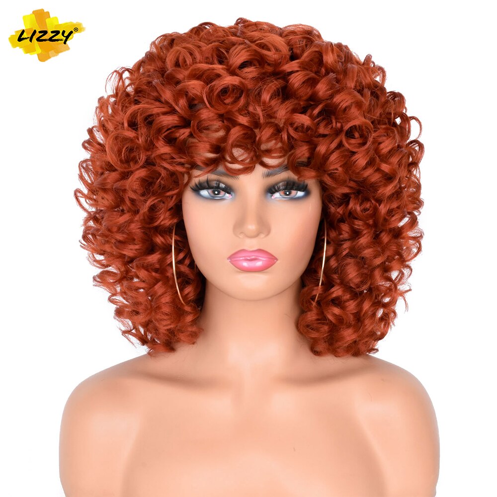 Lizzyhair Red Brown Copper Short Curly Synthetic Wigs for Black Women African Cosplay Natural Afro Wig with Bangs Heat Resistant