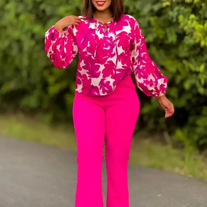 2024 African Clothes for Women Autumn Elegant Long Sleeve Print Polyester 2 Piece Top Long Pant Matching Sets Africa Clothing