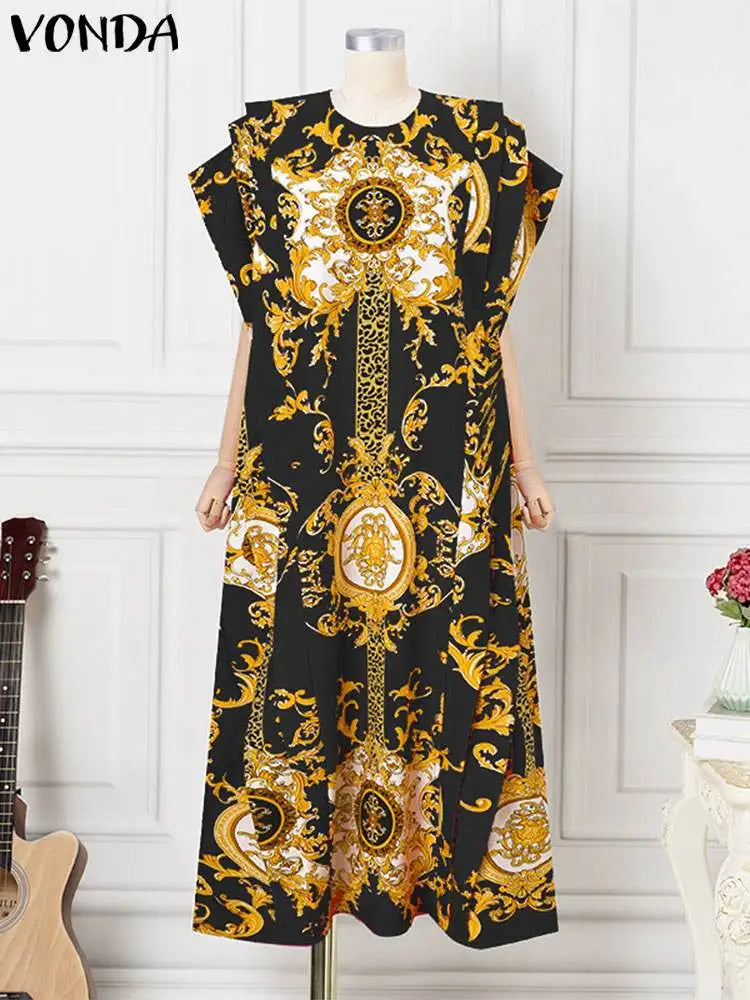 VONDA Plus Size 5XL Fashion Maxi Long Dress 2024 Elegant Satin Dress Sexy Printed Patchwork Bat-wing Sleeve Vestidos Ruffle Robe