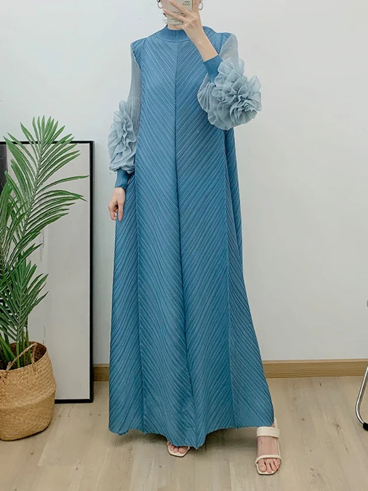 ANLAN Miyake Pleated Maxi Long Dress Mesh Petal Sleeve Half Turtleneck Formal Dresses for Women 2024 New Hot Sales 6KK9927