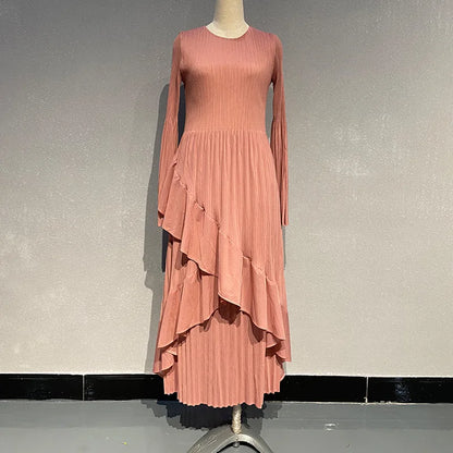 LANMREM Designer Pleated Long Dress For Women Sleeve Split Irregular Ruffles Solid Party Dresses Elegant 2024 Spring New 2DA4611